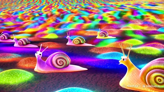 Transparent Snails Glide on Rainbow Path in Whimsical Scene – AI Generated Video | Hailuo AI