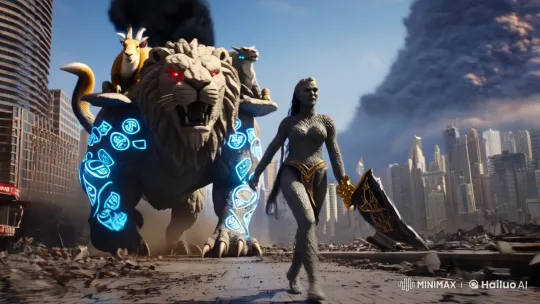 Stone Woman and Colossal Beast in Post-Apocalyptic Cityscape – AI Generated Video | Hailuo AI