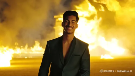 Confident Man Walks Through Explosion in Slow Motion – AI Generated Video | Hailuo AI