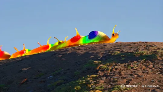 Rainbow Snail Family Journey on Hilltop – AI Generated Video | Hailuo AI