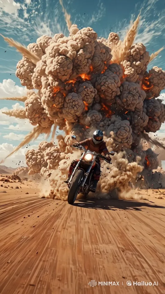 Biker Navigates Chaotic Blast Zone in Hyper-Speed POV – AI Generated Video | Hailuo AI