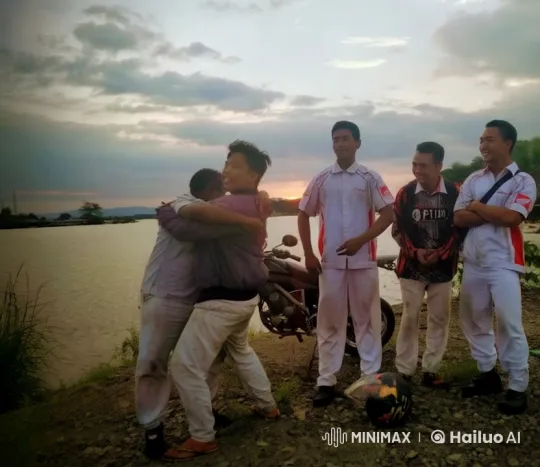 Sunset Lakeside Reunion with Kung Fu Friendship Display – AI Generated Video | Hailuo AI