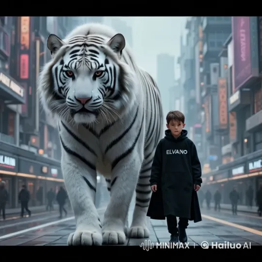 Boy and White Tiger Stroll Through Futuristic Cityscape – AI Generated Video | Hailuo AI
