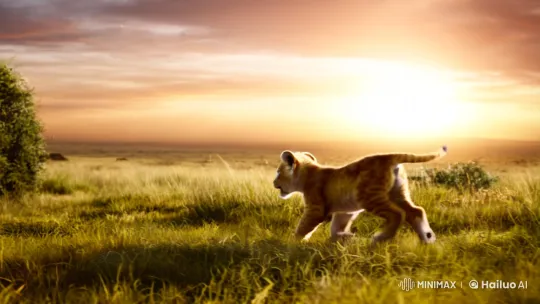 Sunset Serenity: Lion Cub's Play Meets Lion's Majesty – AI Generated Video | Hailuo AI