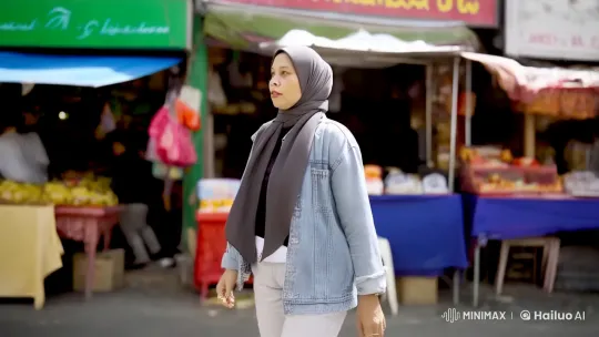 Woman Glides Through Urban Market in Surreal Scene – AI Generated Video | Hailuo AI