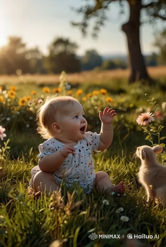 Baby and Animals Enjoy Sunny Meadow in Live2D Animation – AI Generated Video | Hailuo AI