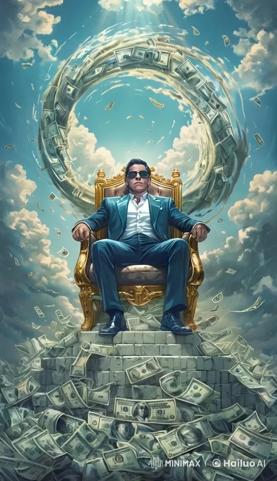 Person Descends Golden Throne Amidst Swirling Dollars – AI Generated Video | Hailuo AI