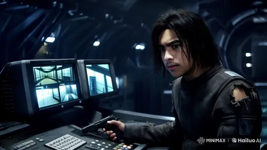 Young Man Monitors Threat on Spacecraft CCTV – AI Generated Video | Hailuo AI