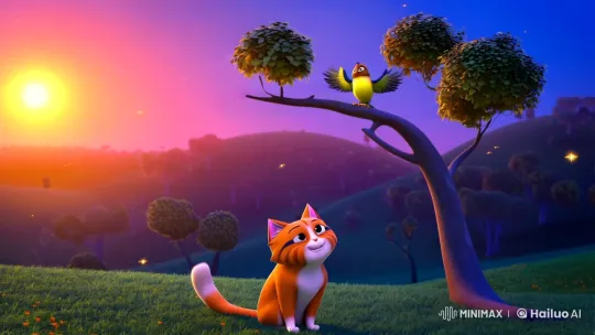 Evening Harmony: Bird, Cat, and the Dusk's Embrace – AI Generated Video | Hailuo AI