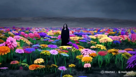 Ethereal Woman Amidst Surreal Flowers in Stormy Landscape – AI Generated Video | Hailuo AI