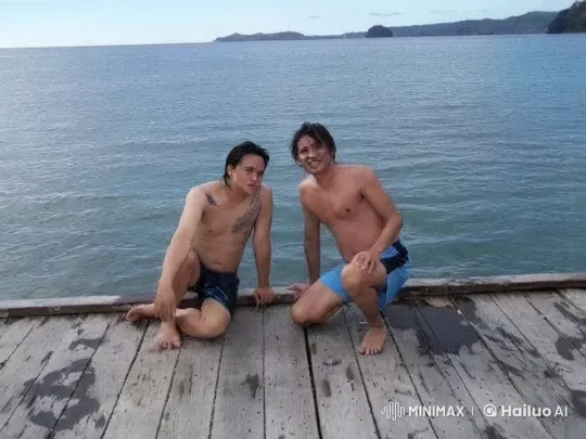 Shirtless Men Display Martial Arts on Wooden Dock – AI Generated Video | Hailuo AI