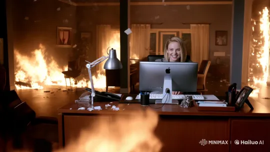 Woman Smiles Calmly Amidst Office Fire Chaos – AI Generated Video | Hailuo AI