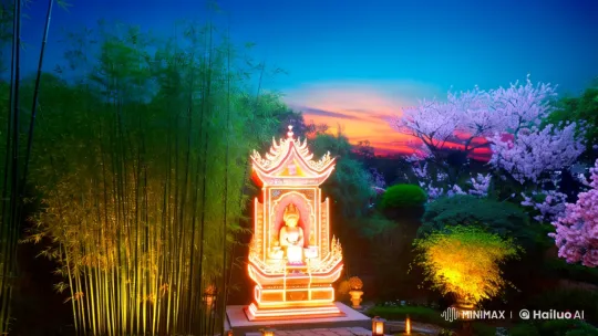 Sacred Altar in Tranquil Chinese Garden Illuminated – AI Generated Video | Hailuo AI