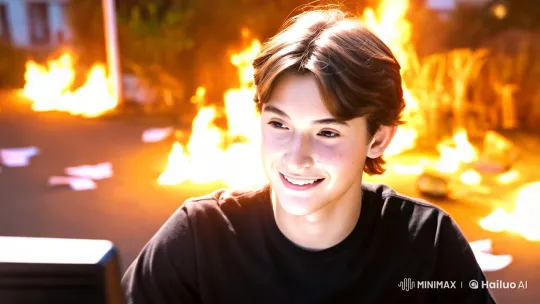 Young Man Calmly Types Amidst Office Fire – AI Generated Video | Hailuo AI
