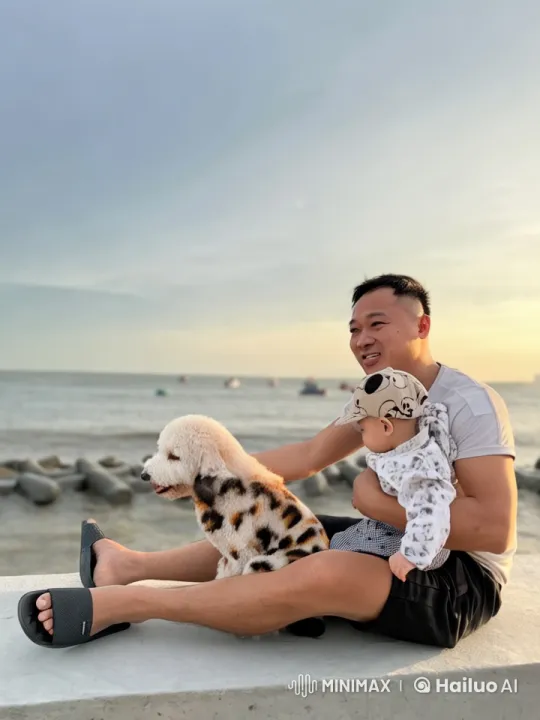 Martial Arts Display by Baby, Poodle, and Man at Beach – AI Generated Video | Hailuo AI