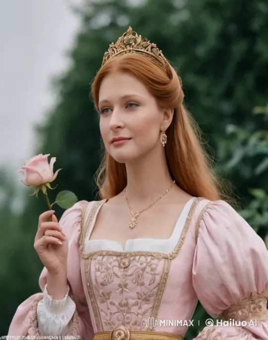 Royal Woman in Embroidered Gown Enjoys Rose in Lush Greenery – AI Generated Video | Hailuo AI