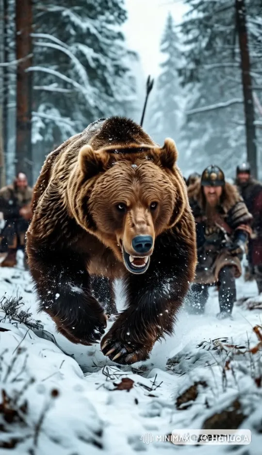 Bear Fleeing from Vikings in Snowy Forest Chase – AI Generated Video | Hailuo AI
