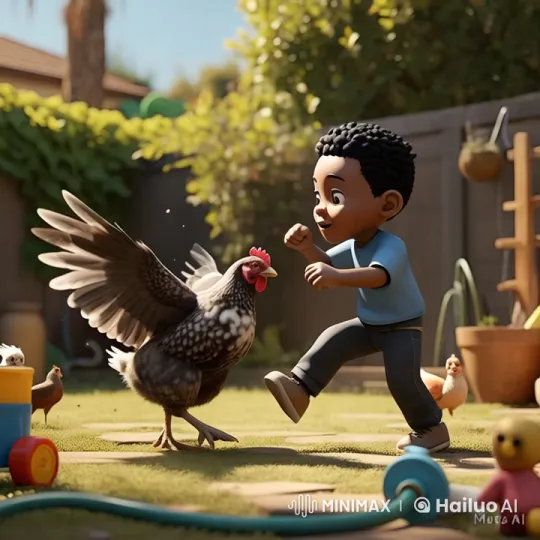 Boy Battles Spirited Chicken in Animated Backyard Duel – AI Generated Video | Hailuo AI