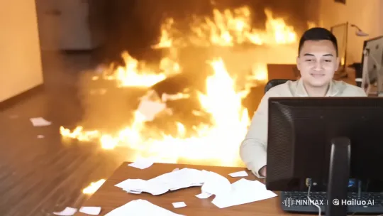 Man Calmly Types Amidst Office Fire – AI Generated Video | Hailuo AI