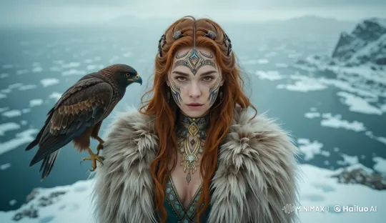 Regal Nordic Woman with Hawk on Snowy Plateau – AI Generated Video | Hailuo AI
