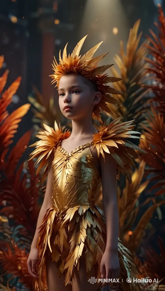 Dreamlike Fashion Show: Child Model and Crane in Golden Phoenix Outfit – AI Generated Video | Hailuo AI