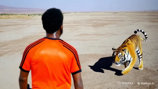 Young Man Fights Tiger in Arid Landscape – AI Generated Video | Hailuo AI