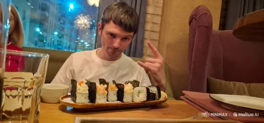 Animated Sushi Rolls Entertain in Cozy Restaurant Setting – AI Generated Video | Hailuo AI