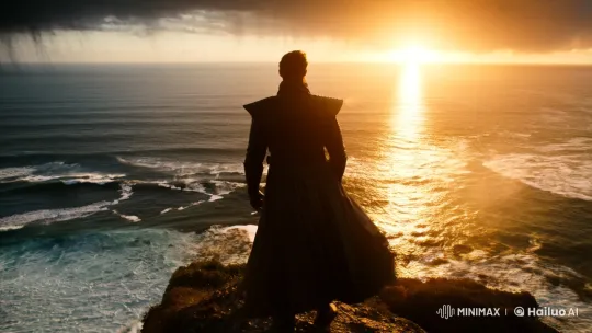 Warrior on Cliff Amidst Ocean Sunset and Thunder – AI Generated Video | Hailuo AI
