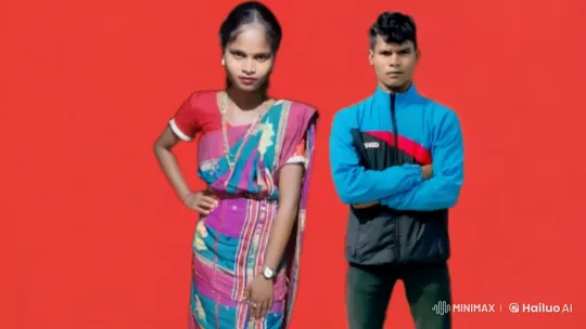 Couple in Traditional Attire Poses Confidently in Front of a Vibrant Red Background – AI Generated Video | Hailuo AI