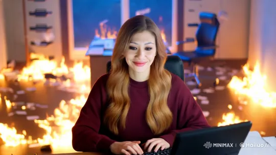 Woman Types Calmly Amidst Office Inferno – AI Generated Video | Hailuo AI