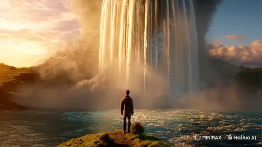 Man at the Edge of an Upward Flowing Waterfall – AI Generated Video | Hailuo AI