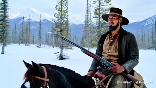Bearded Cowboy Braving Snowy Wilderness on Horseback – AI Generated Video | Hailuo AI