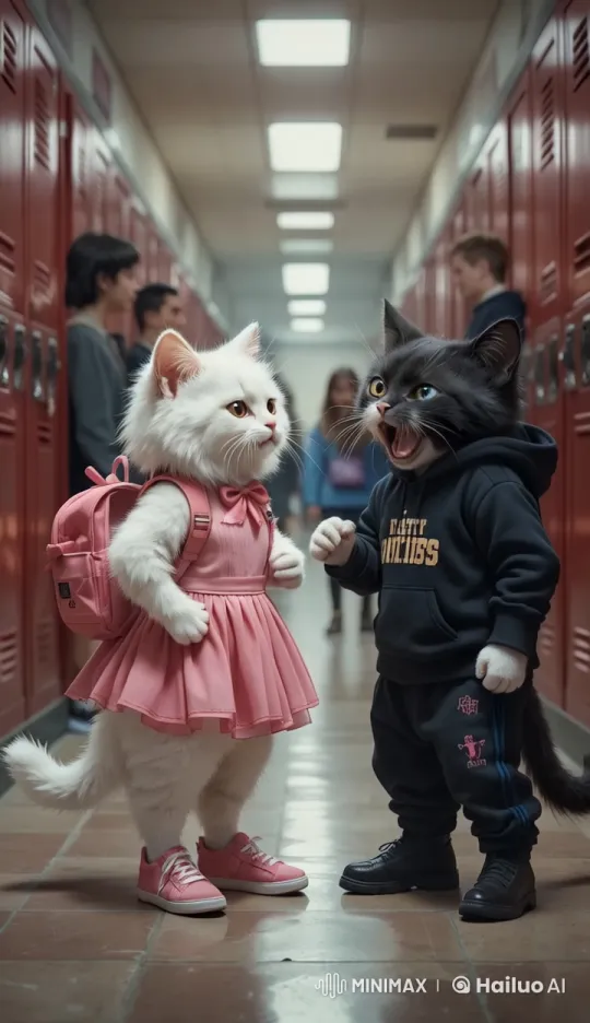 Anthropomorphic Kittens in a Tense School Hallway Confrontation – AI Generated Video | Hailuo AI