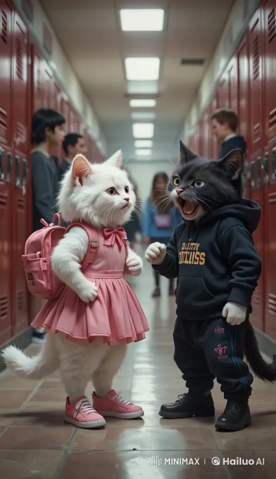 Anthropomorphic Kittens Confront in School Hallway – AI Generated Video | Hailuo AI