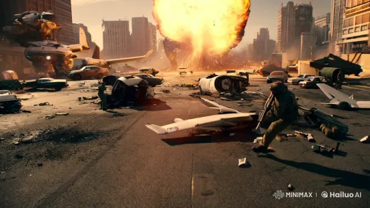 Soldier Escapes Rampaging Kaiju Amidst Urban Chaos – AI Generated Video | Hailuo AI