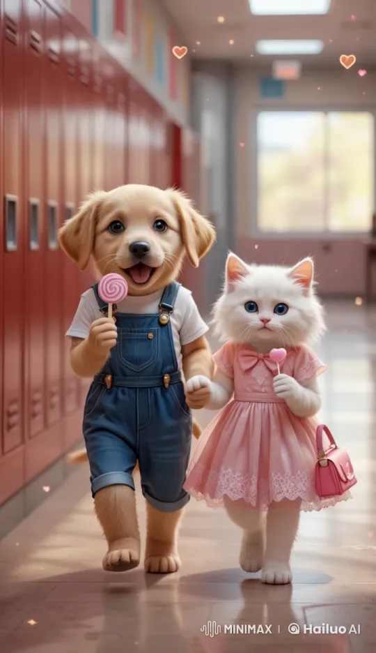 Golden Labrador and Persian Kitten Walk Down Dreamy School Hall – AI Generated Video | Hailuo AI
