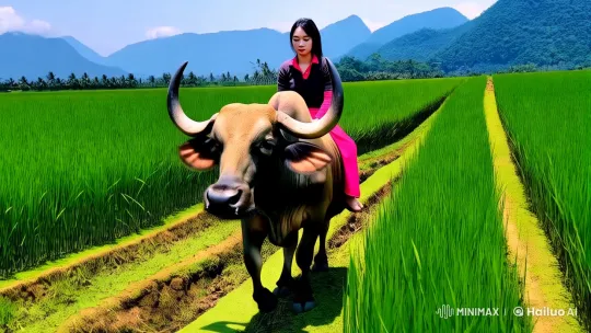 Woman and Buffalo in Serene Rice Field Landscape – AI Generated Video | Hailuo AI