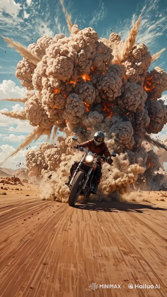 Thrilling Hyper-Speed Bike Chase in Desert Amid Explosions – AI Generated Video | Hailuo AI