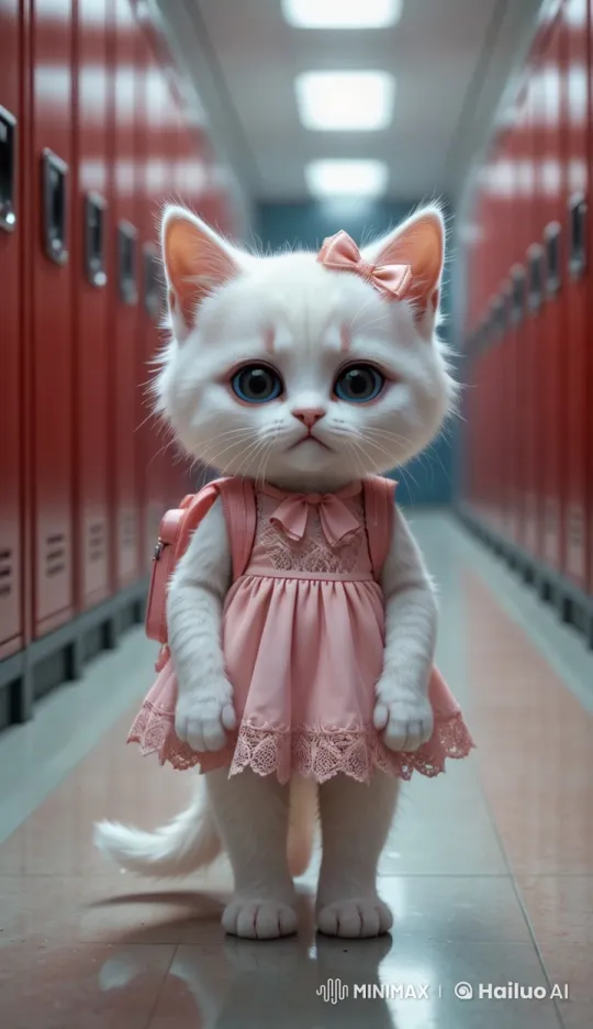 Sad Persian Kitten in School Hallway - Digital Art – AI Generated Video | Hailuo AI