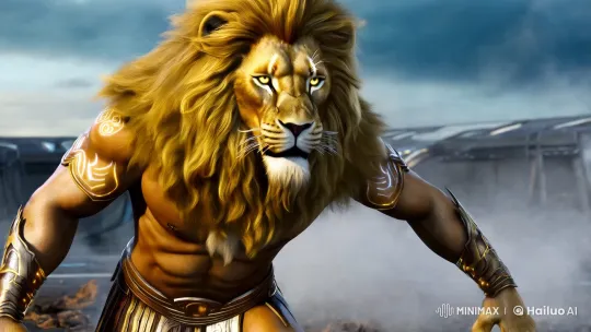 Futuristic Lion-Humanoid Warrior in High-Res Fantasy Battlefield – AI Generated Video | Hailuo AI