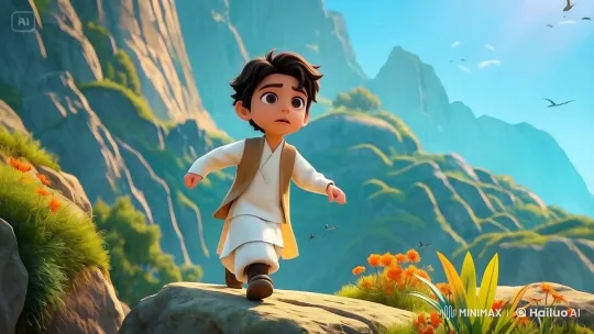 Boy Amidst Alpine Flowers on Mountain Cliff – AI Generated Video | Hailuo AI