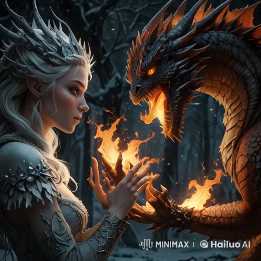 Snow Queen and Fire Dragon: Elemental Transformation in Mystical Forest – AI Generated Video | Hailuo AI