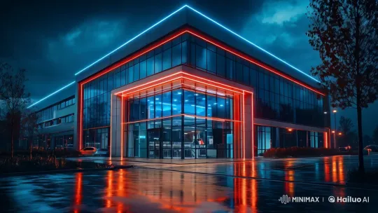 Dramatic Nighttime Reveal of Futuristic Office Building – AI Generated Video | Hailuo AI