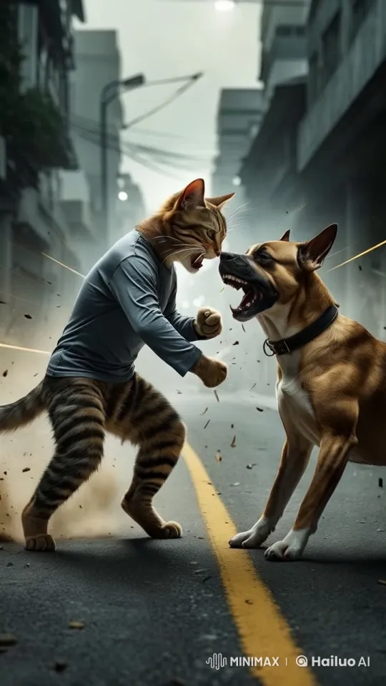 Urban Street Kung Fu Showdown Between Cat and Dog – AI Generated Video | Hailuo AI