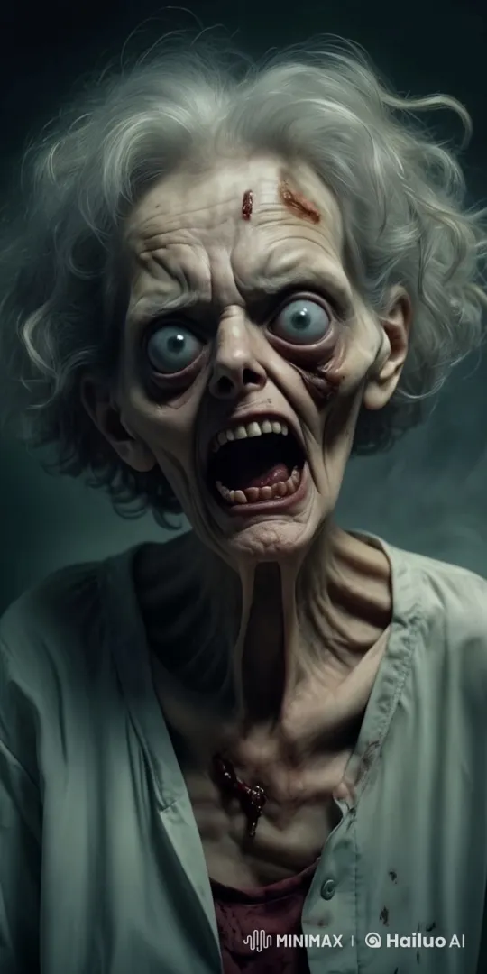 Elderly Woman Jumps at Camera in Menacing Animation – AI Generated Video | Hailuo AI