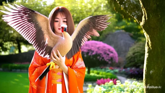 Serene Woman with Majestic Garuda in Lush Garden – AI Generated Video | Hailuo AI