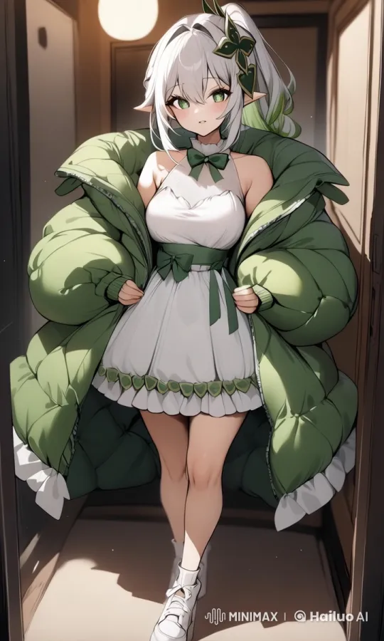 Young Elf-Like Woman Strips Jacket in Dim Hallway – AI Generated Video | Hailuo AI