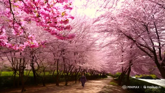 Serene Cherry Blossom Grove with Traditional Figure – AI Generated Video | Hailuo AI