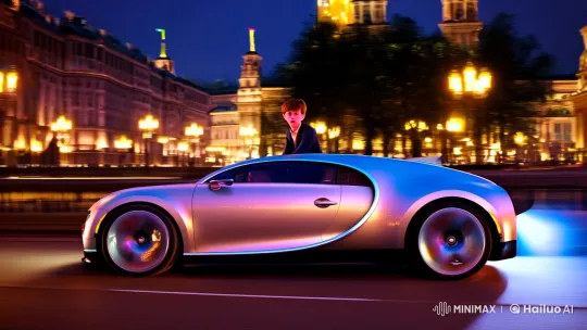 Boy Cruises Moscow in Luxury Bugatti Amidst Cityscape – AI Generated Video | Hailuo AI