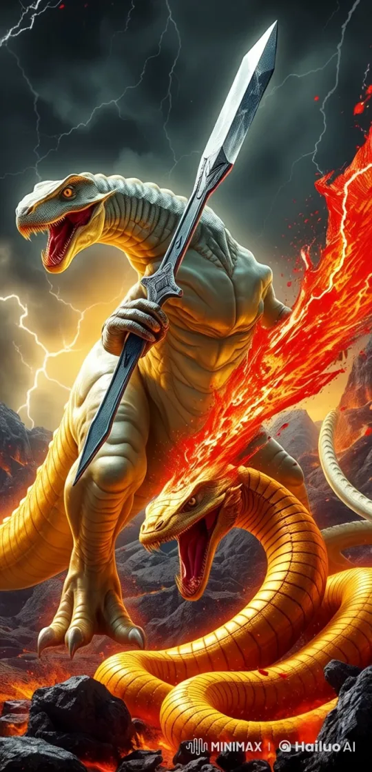 Diamond Titan Battles Golden Serpent in Stormy Volcanic Arena – AI Generated Video | Hailuo AI